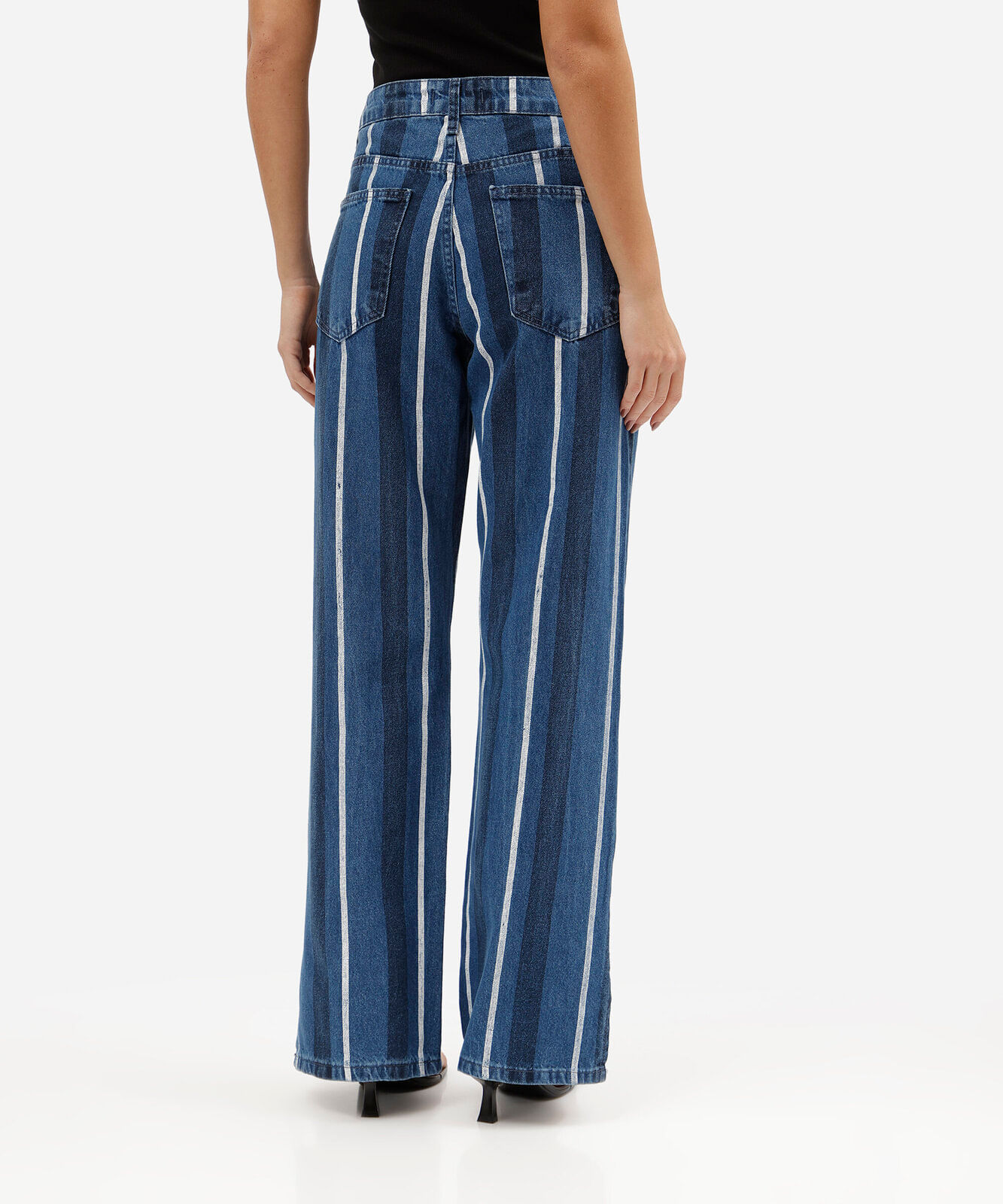 calça wide leg slim feminina jeans cintura média listrada azul