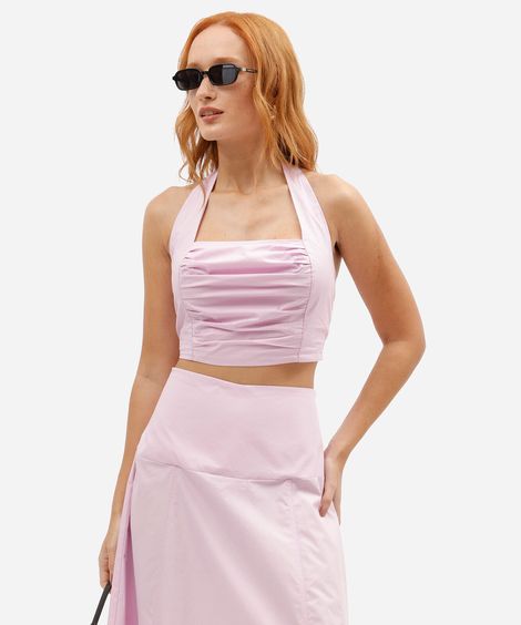 cropped feminino de algodão frente única franzido rosa
