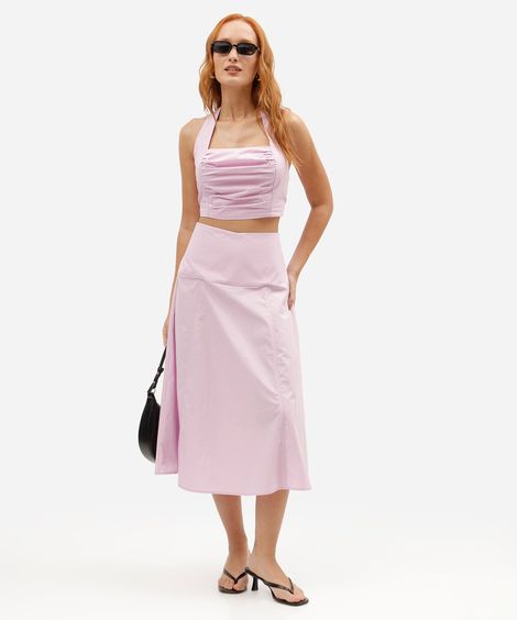 saia midi evasê feminina de algodão com recortes rosa