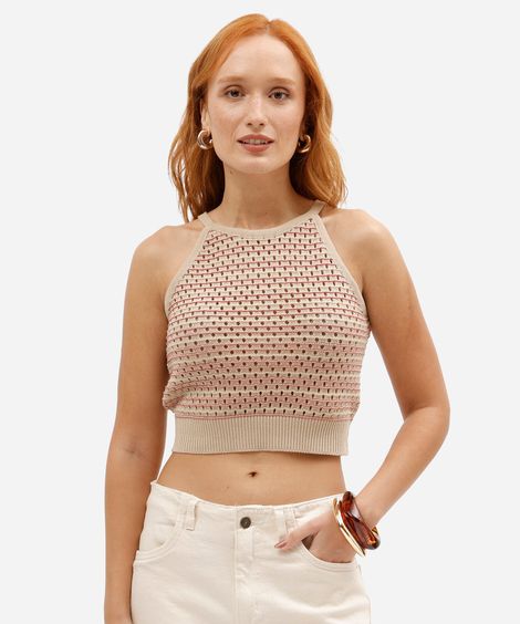 regata cropped feminina de tricot halterneck listrada bege