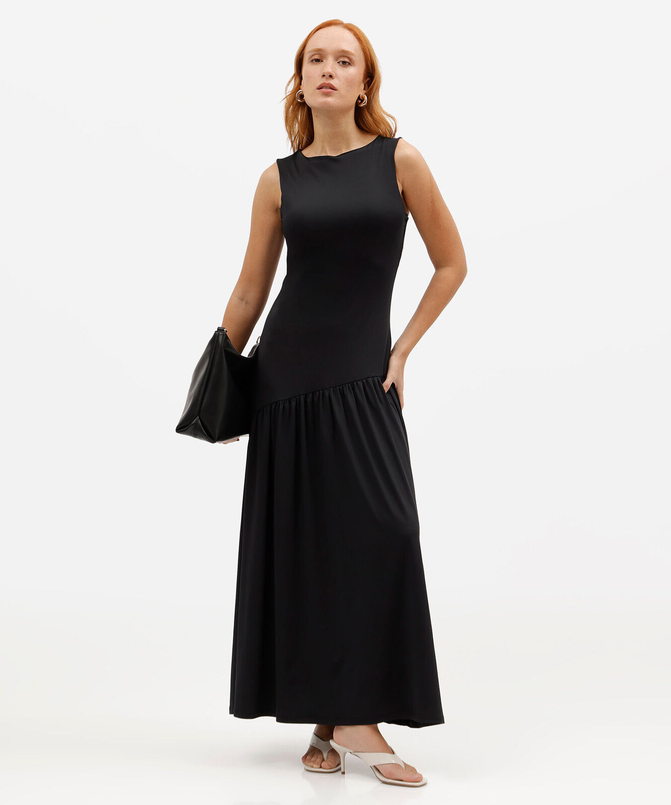 vestido midi feminino decote canoa assimétrico preto