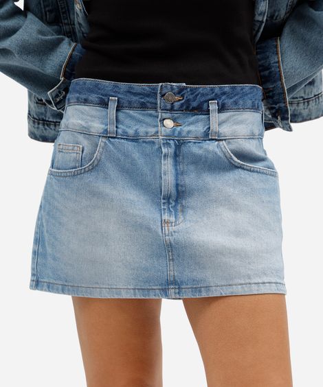 short saia curto feminino jeans cintura alta cós duplo azul