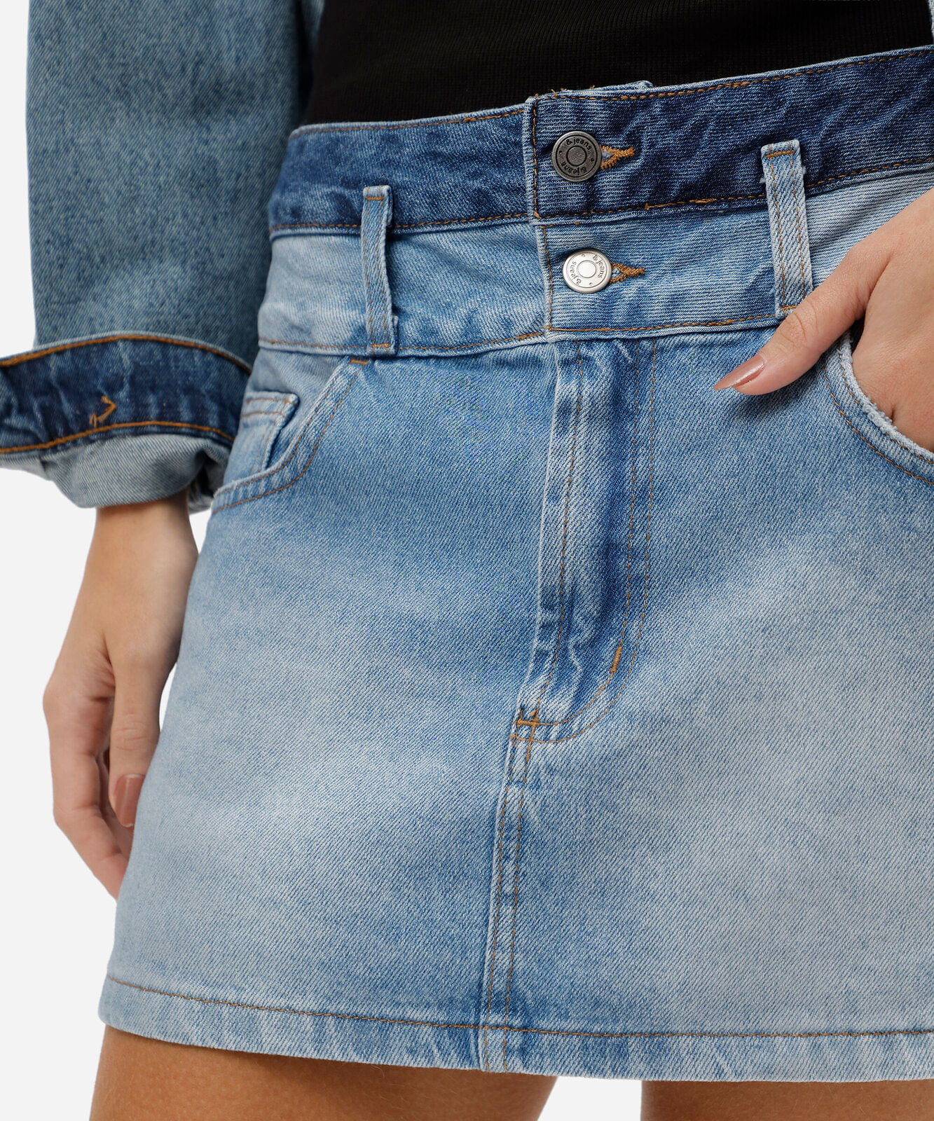 short saia curto feminino jeans cintura alta cós duplo azul