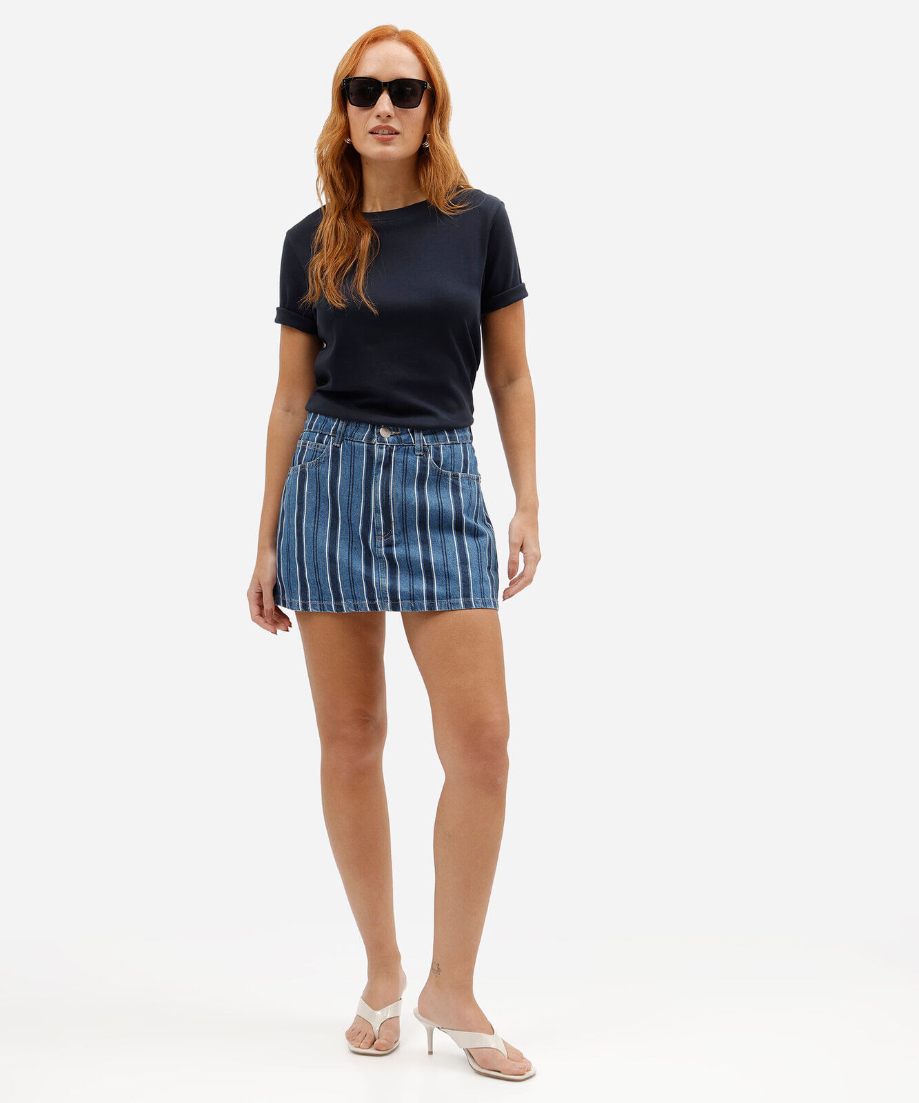 short saia feminino jeans cintura alta listrado azul