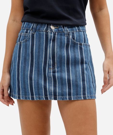 short saia feminino jeans cintura alta listrado azul