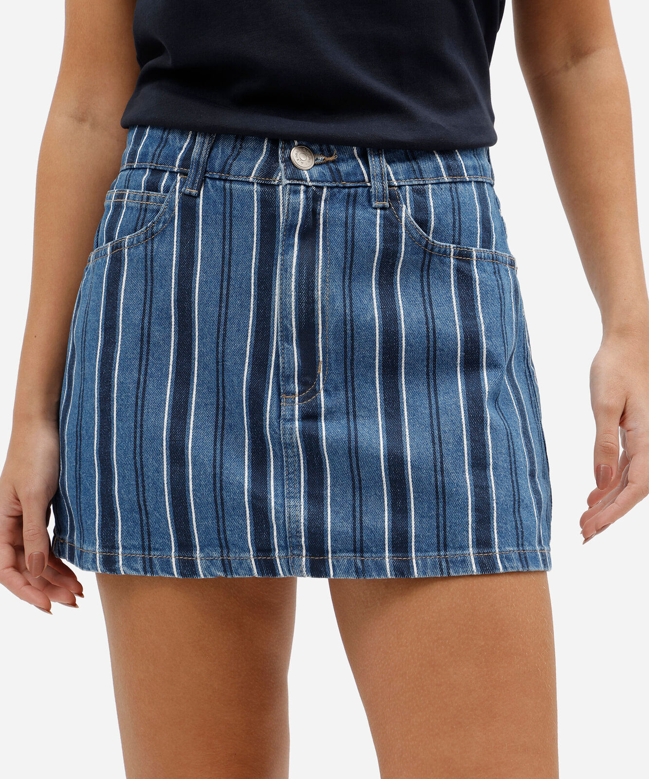 short saia feminino jeans cintura alta listrado azul