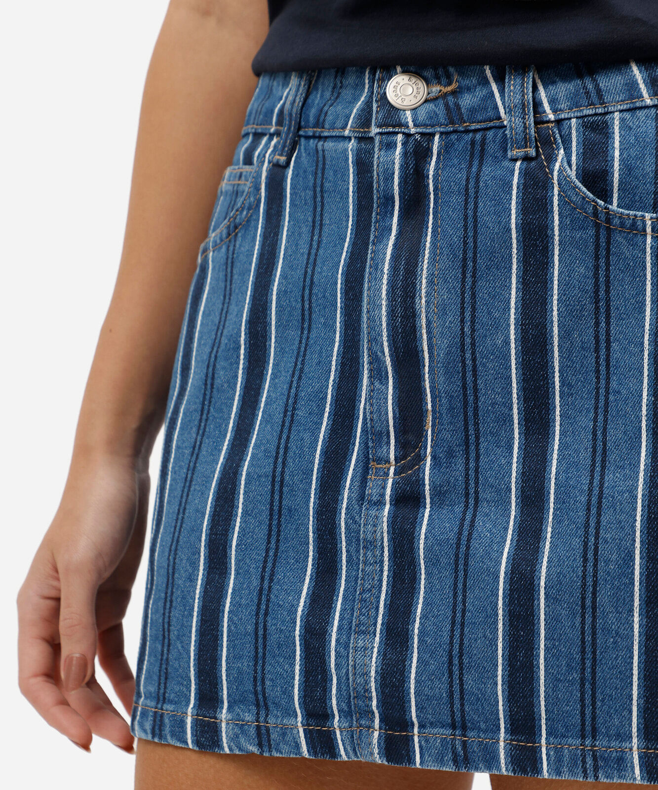 short saia feminino jeans cintura alta listrado azul