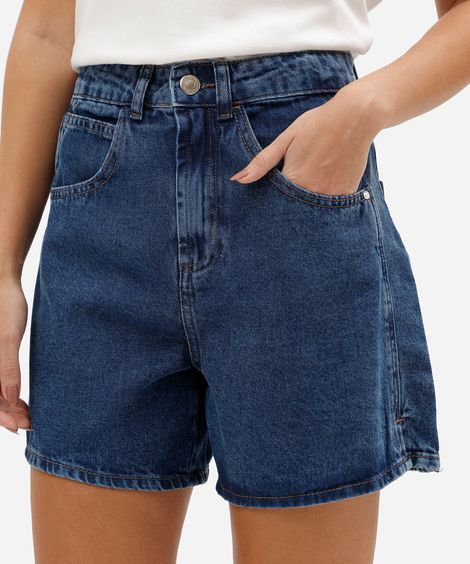 short feminino jeans cintura alta com fendas azul