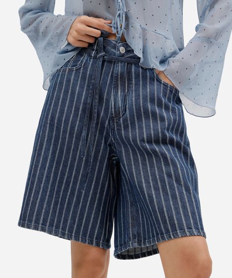 bermuda feminina jeans com cordão cintura média listrada azul