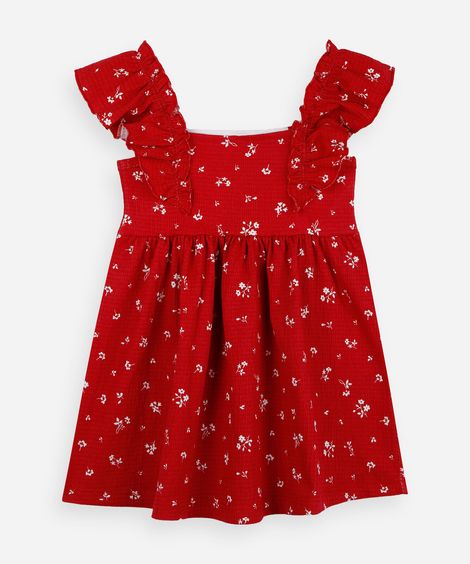 vestido infantil floral com alças de babados vermelho