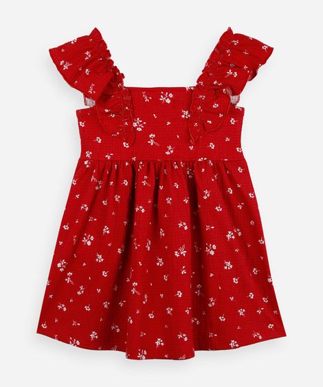 vestido infantil floral com alças de babados vermelho
