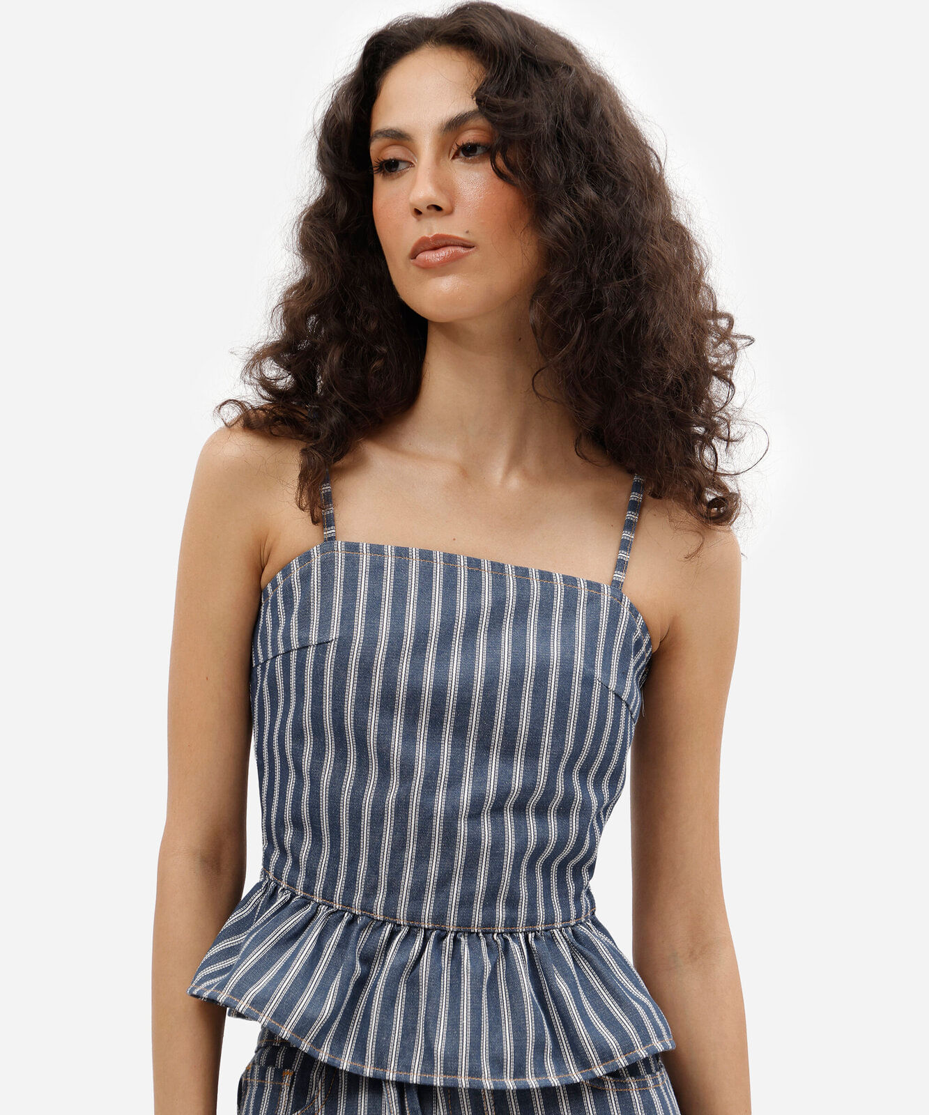 blusa peplum feminina de sarja listrada azul