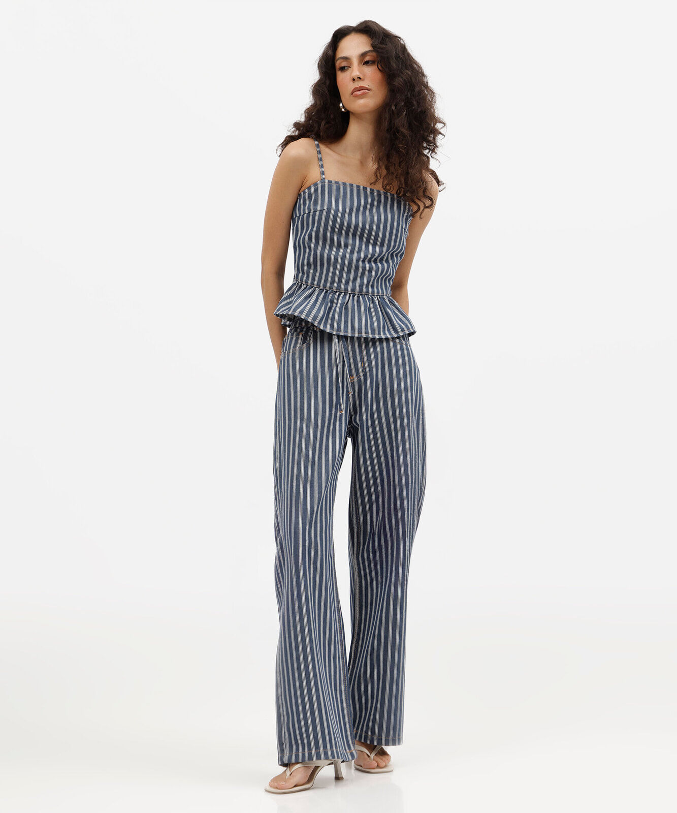 blusa peplum feminina de sarja listrada azul