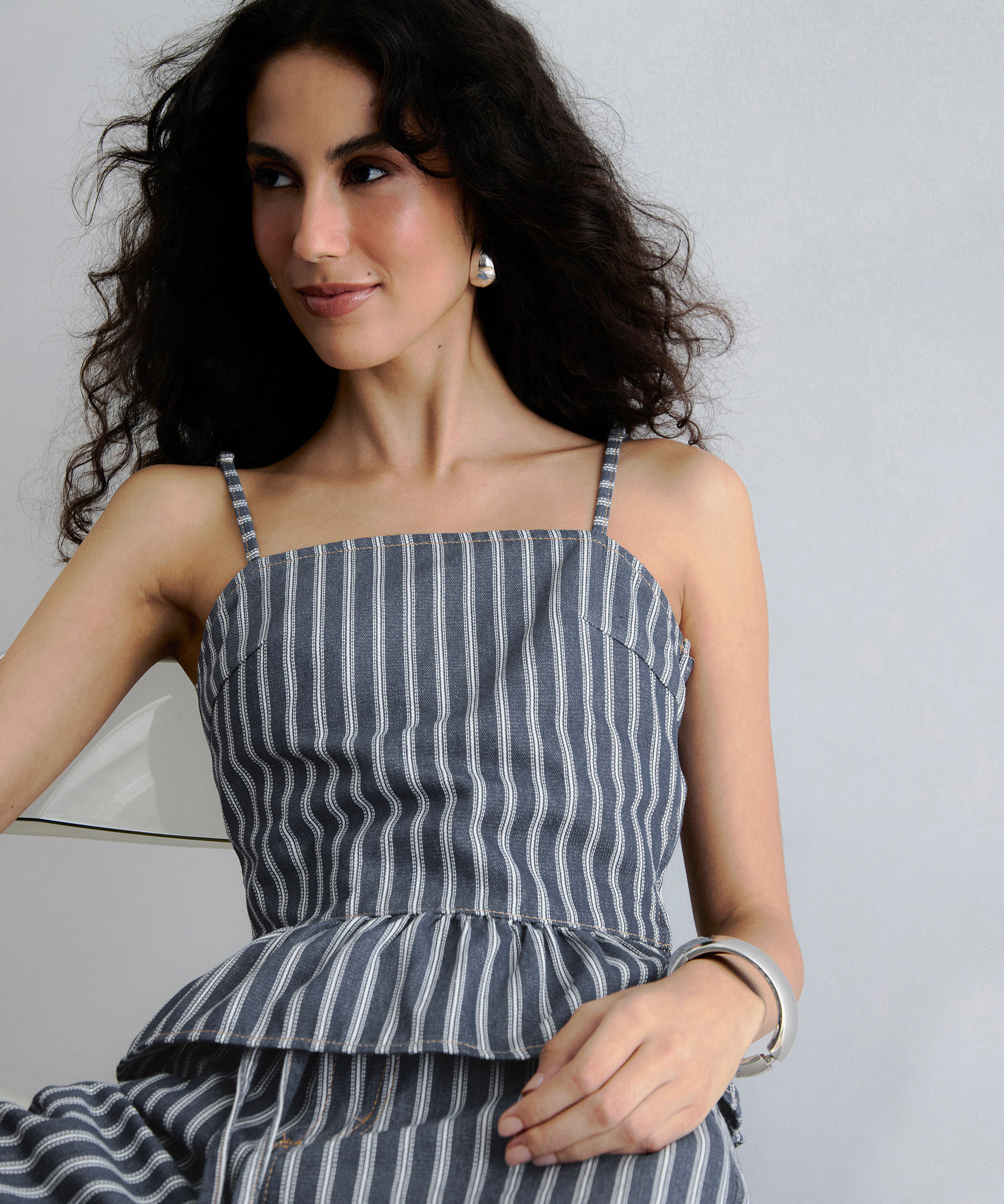 blusa peplum feminina de sarja listrada azul