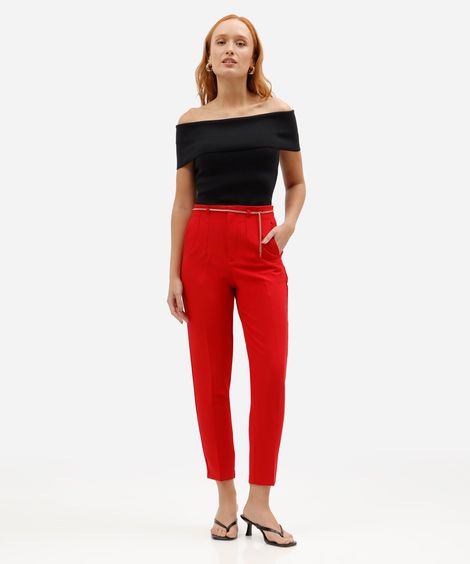 calça de alfaiataria feminina com nervuras e corrente vermelho