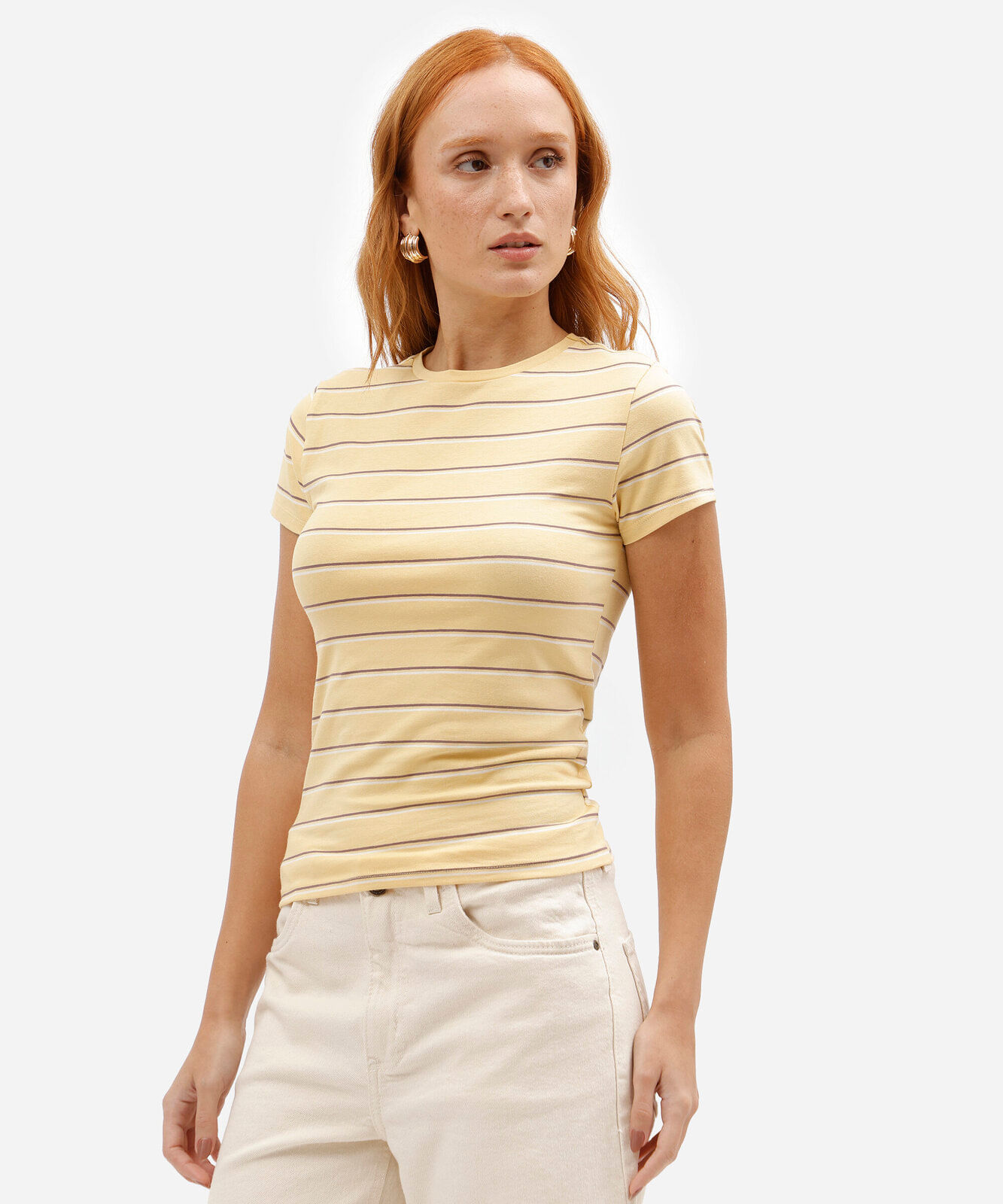 camiseta babylook feminina em algodão listrada amarela