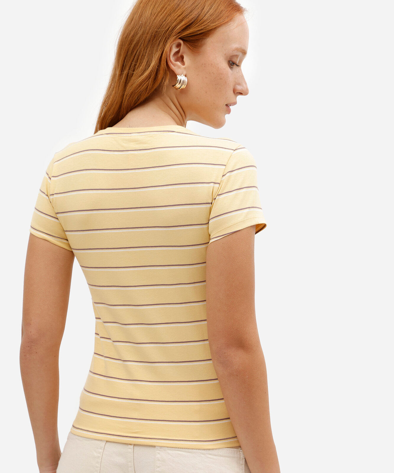 camiseta babylook feminina em algodão listrada amarela