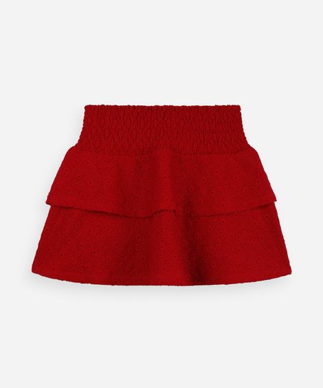 saia curta juvenil em laise com babados e cós lastex vermelho