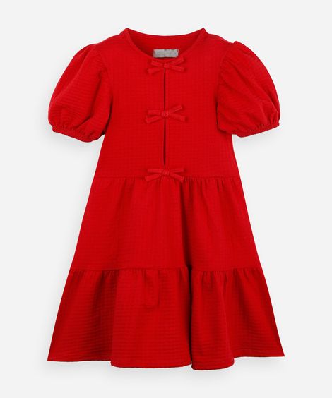 vestido infantil de algodão com recortes e laços manga bufante vermelho