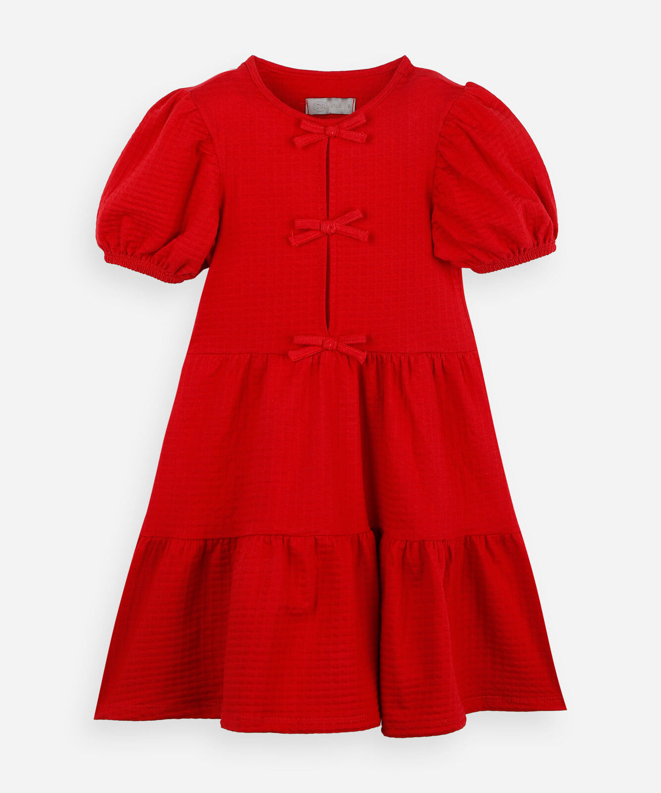 vestido infantil de algodão com recortes e laços manga bufante vermelho