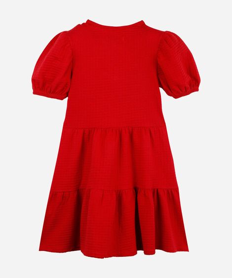 vestido infantil de algodão com recortes e laços manga bufante vermelho