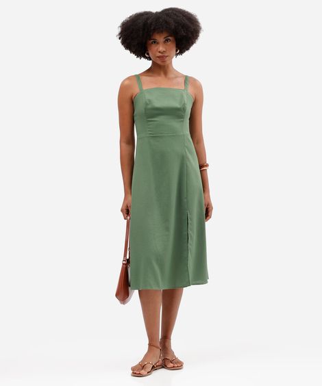 vestido midi com linho decote quadrado verde