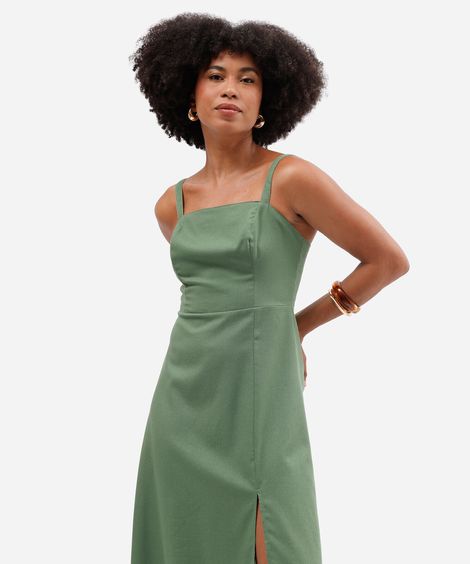 vestido midi com linho decote quadrado verde
