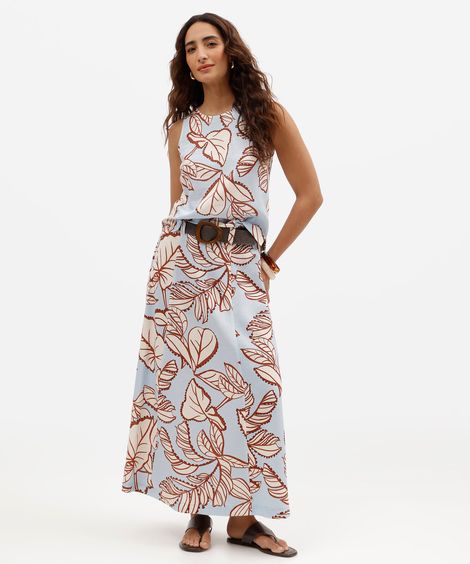 saia midi feminino com linho e cinto folhagens azul