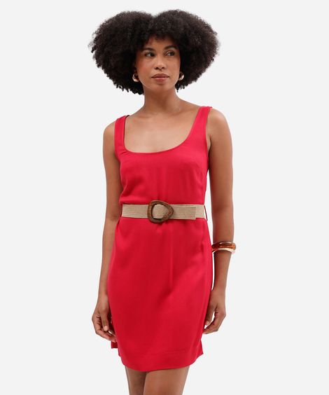 vestido curto feminino de viscose com cinto vermelho