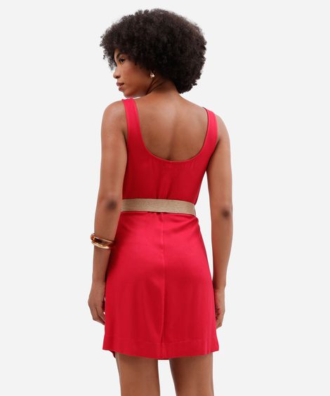 vestido curto feminino de viscose com cinto vermelho