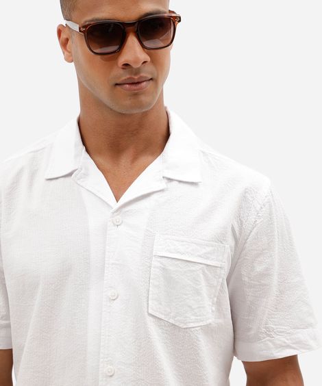 camisa masculina comfort de algodão texturizada manga curta branca