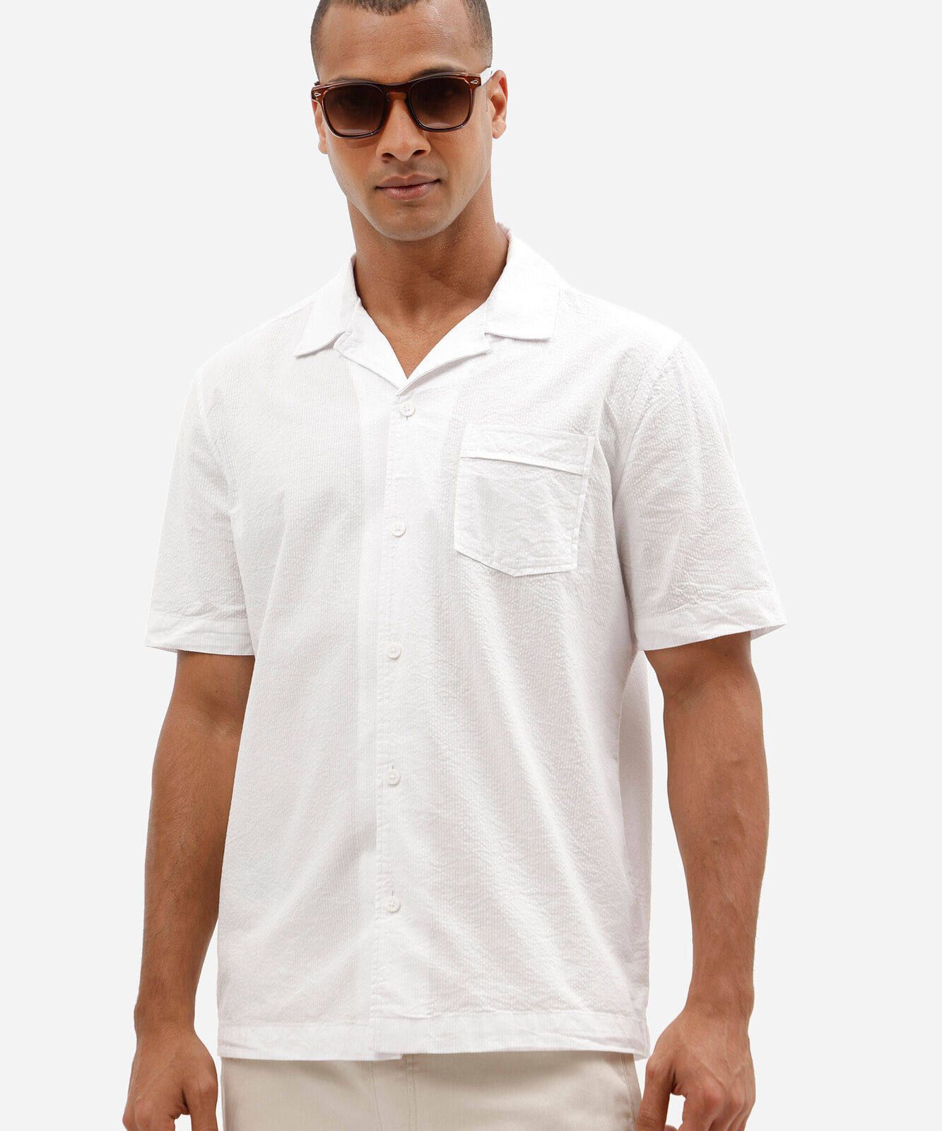 camisa masculina comfort de algodão texturizada manga curta branca