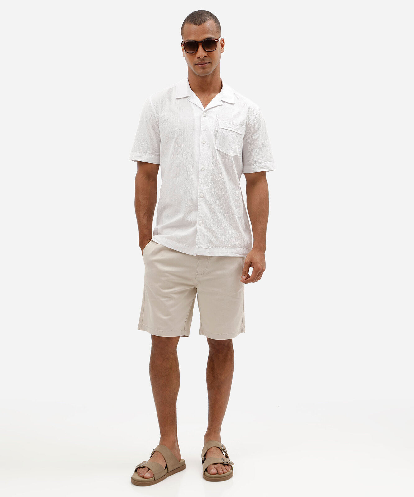 camisa masculina comfort de algodão texturizada manga curta branca