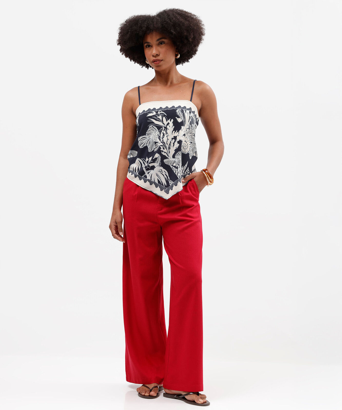 calça wide leg feminina em linho com viscose vermelho