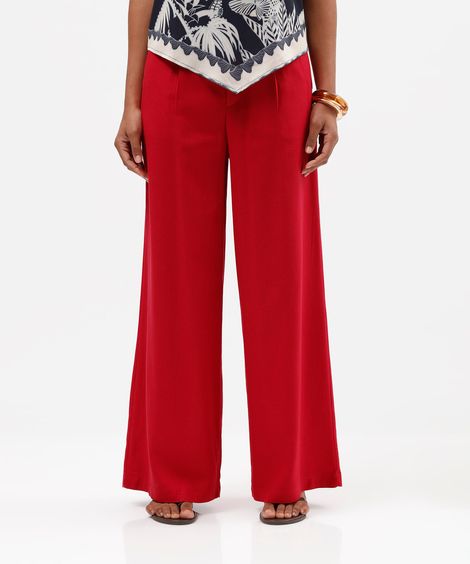 calça wide leg feminina em linho com viscose vermelho