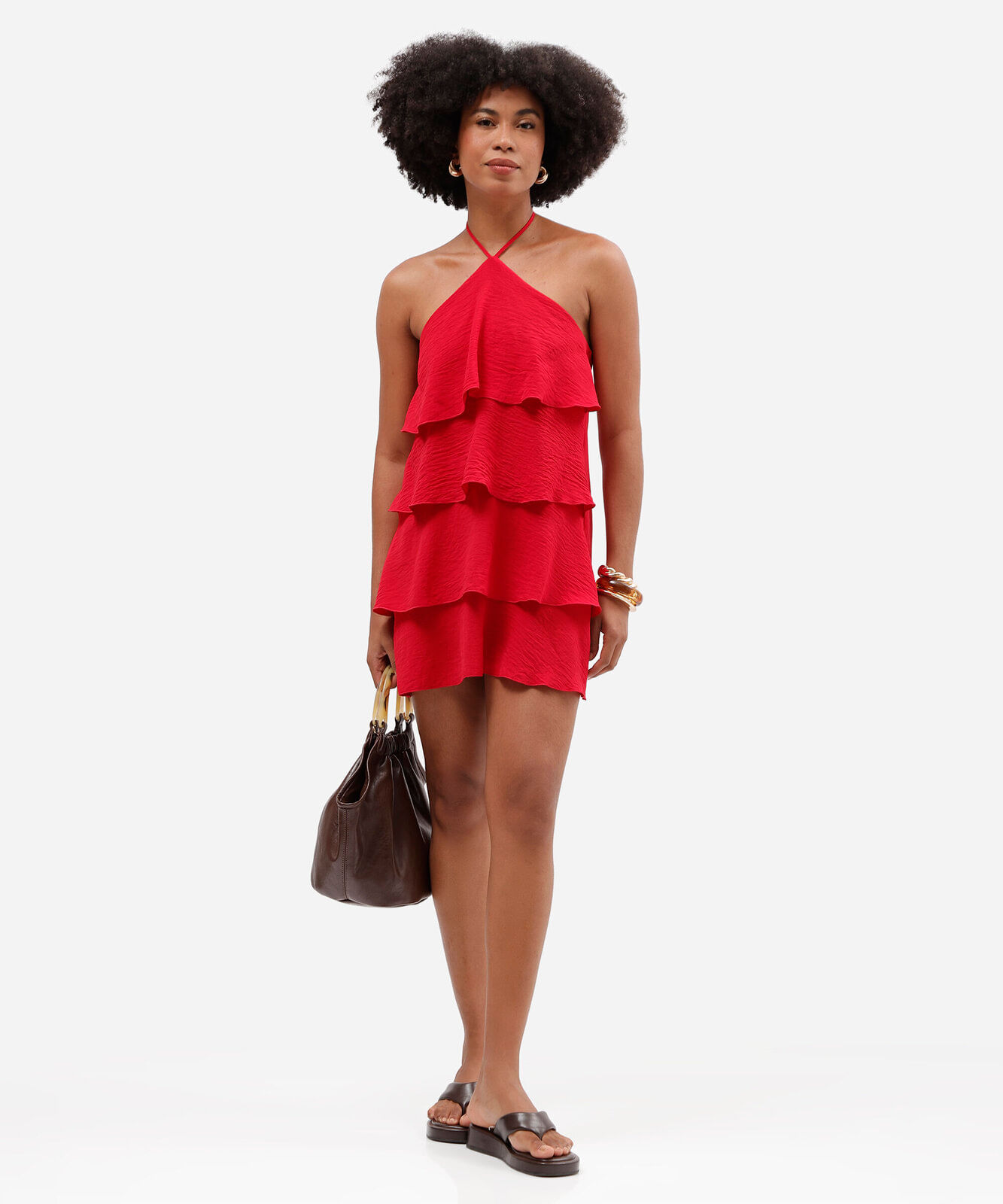 vestido curto feminino frente única com babados vermelho