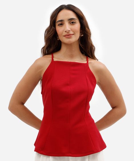 top peplum feminino com decote quadrado em malha crepe vermelho