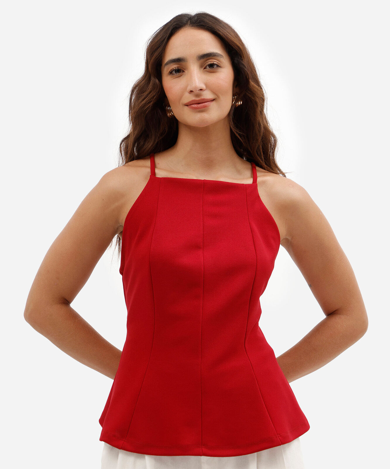 top peplum feminino com decote quadrado em malha crepe vermelho
