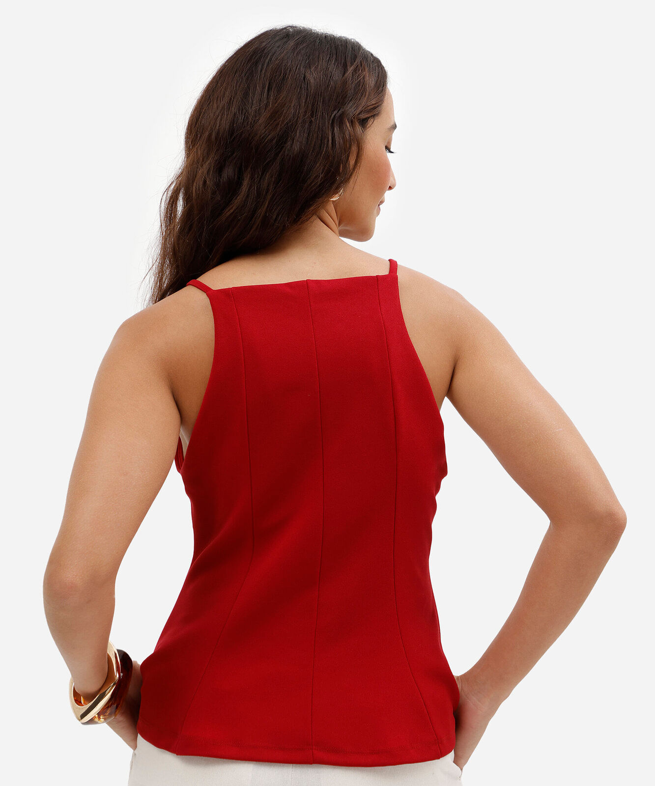top peplum feminino com decote quadrado em malha crepe vermelho