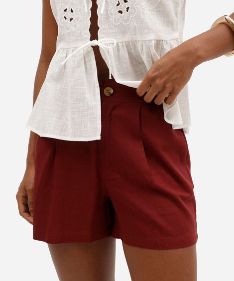 shorts feminino cintura alta com pregas em linho misto vinho