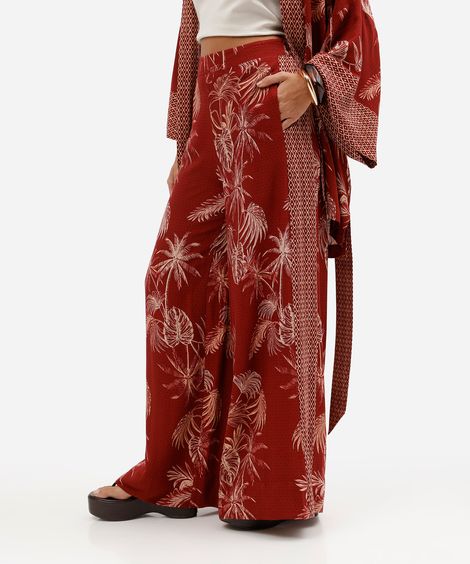 calça pantalona feminina em viscose com estampa tropical vermelha