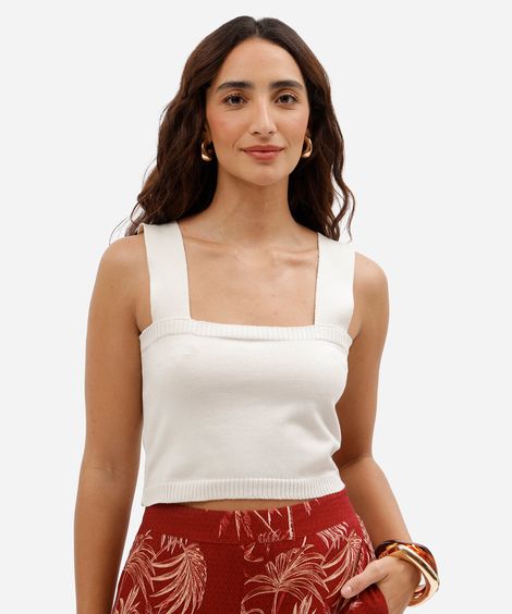 top cropped feminino de tricô com decote quadrado off white