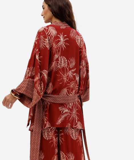 kimono feminino em viscose com amarração e estampa de folhagem vermelho