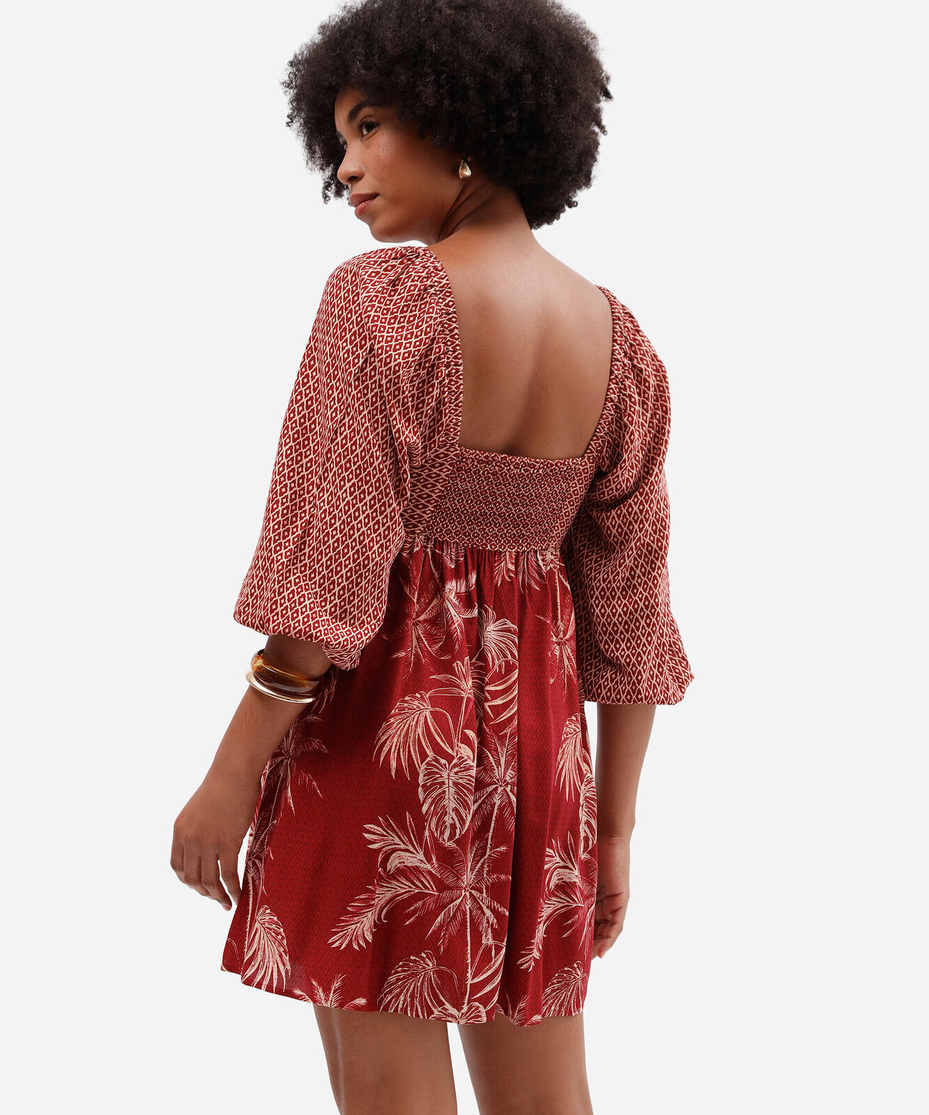 vestido curto feminino com manga bufante e estampa mista de viscose vermelho