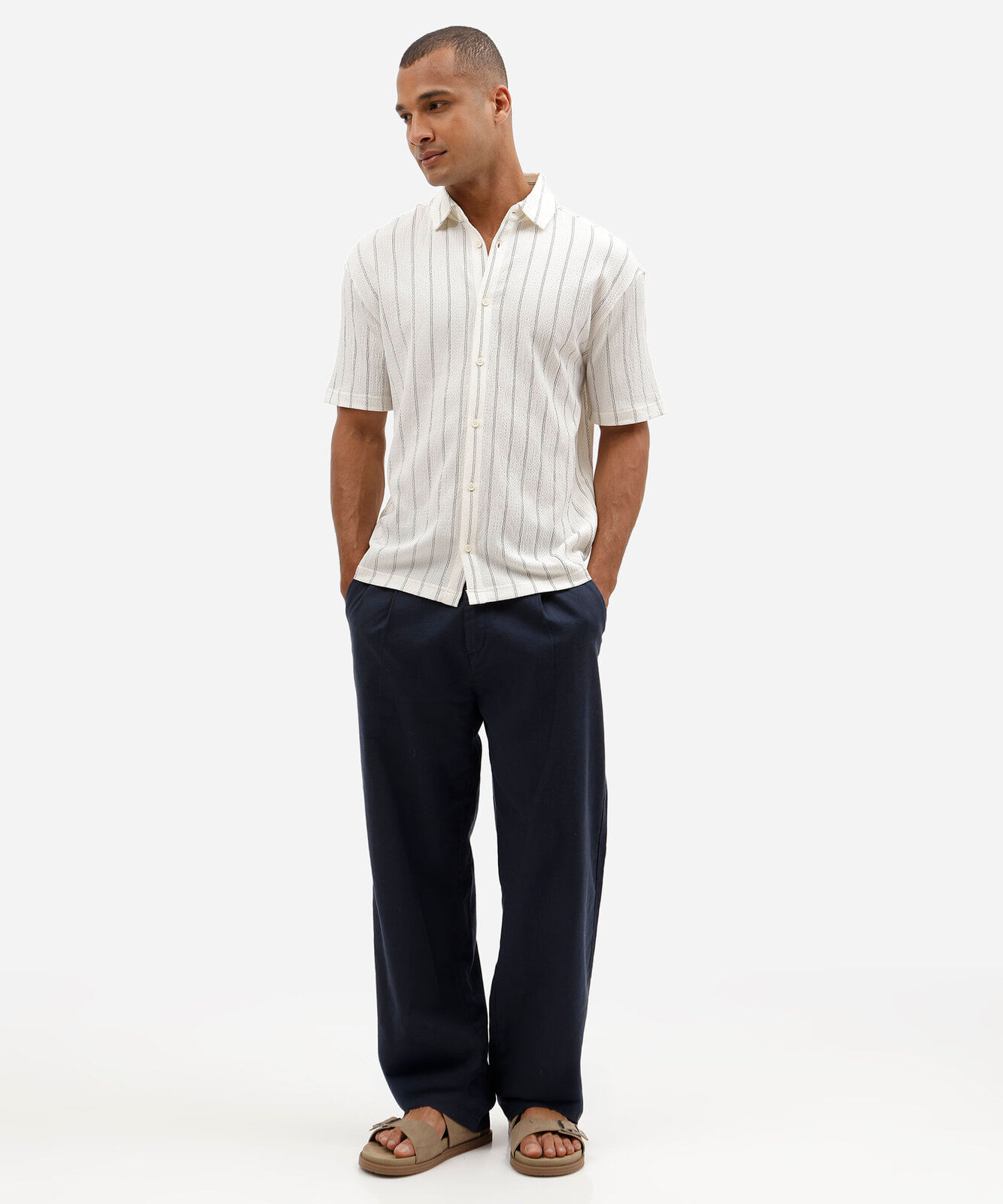 camisa masculina manga curta listras - off white