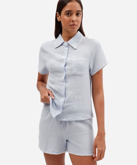 pijama americano feminino de algodão com bordado texturizado azul