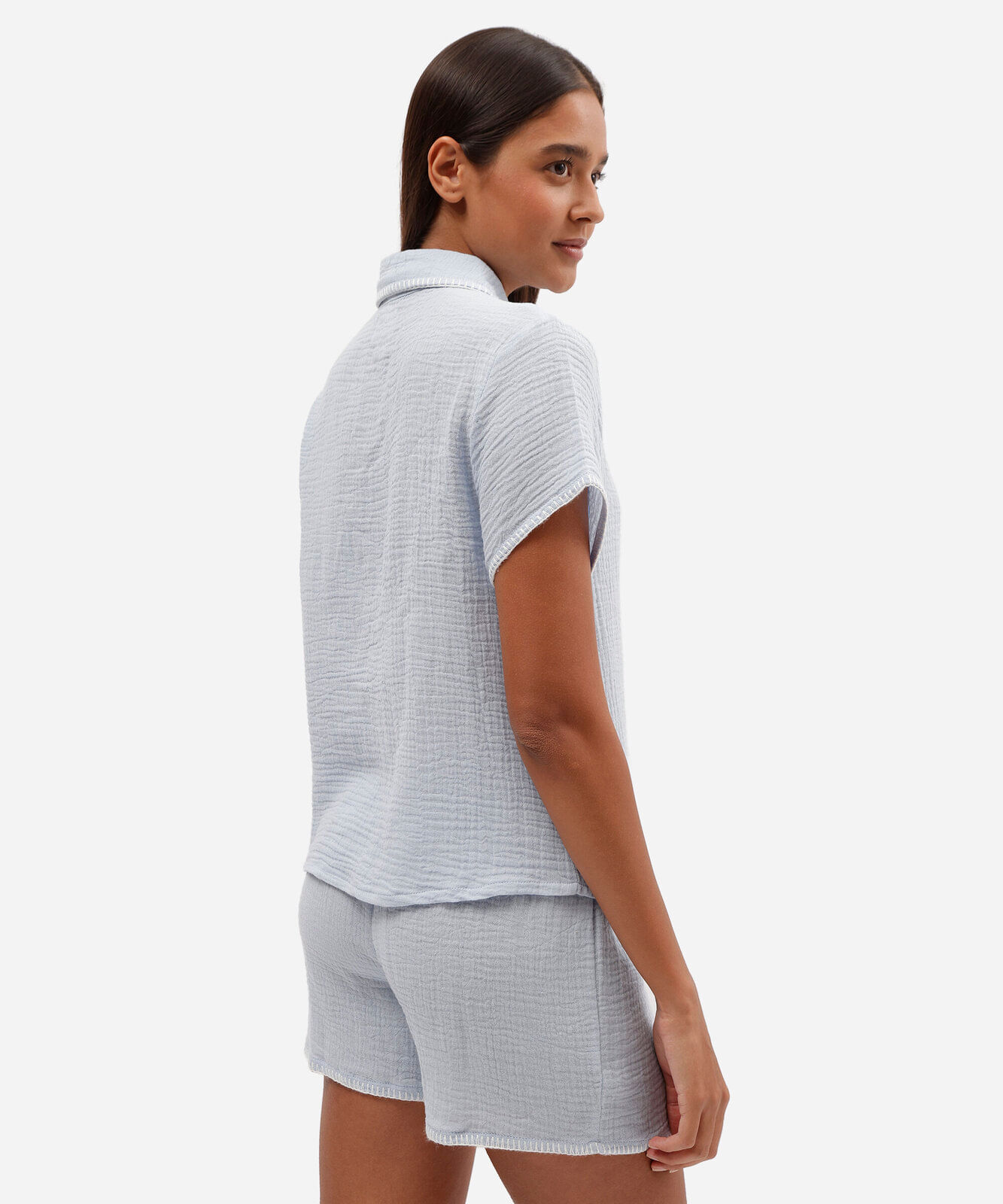 pijama americano feminino de algodão com bordado texturizado azul