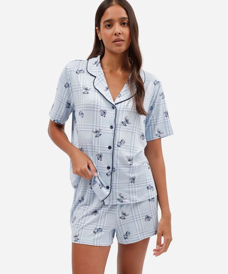 pijama curto americano feminino stitch xadrez azul