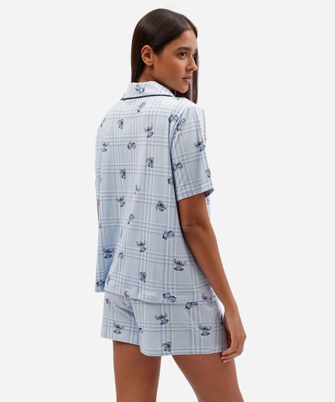 pijama curto americano feminino stitch xadrez azul
