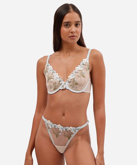 calcinha string fio dental feminina de tule com bordado floral azul